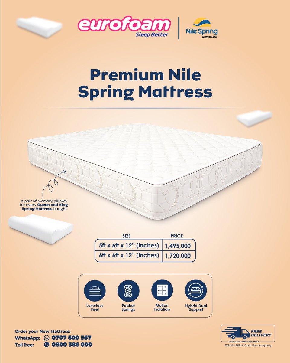 eurofoamuganda's tweet photo. Enjoy your sleep 😴✨

Our Premium Nile Spring Mattress is built for comfort

🎁 Comes with 2 FREE memory pillows
🚚 FREE delivery included

Upgrade your nights 🛏️💤
📲 WhatsApp: 0707 600 567

#EnjoyYourSleep #PremiumComfort #NileSpring #MattressGoals https://t.co/C8Wdz3WARe