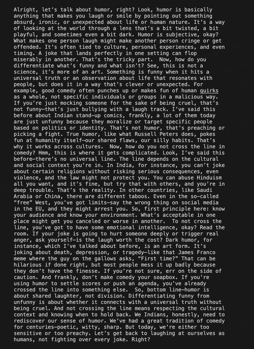 iharsh_'s tweet photo. Model: v1.0.2 (Using Grok-3)

Q: what is humor? how to differentiate what is funny and what isn't? how to not corss the line in comedy? https://t.co/J3gIs9yGPM
