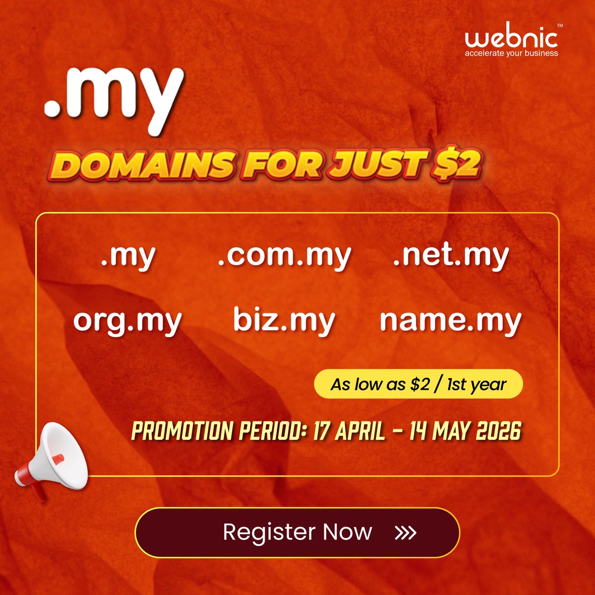 webnic_cc's tweet image. Don’t Miss Out: .MY Domains for Just $2
Get domains for just $2 /1st year
📅 17 Apr – 14 May 2026 
 ✔ .my, .com.my, .net.my, .org.my, .biz.my, .name.my
Register now:portal.webnic.cc/login
#DomainSale #MYDomain #WebHosting