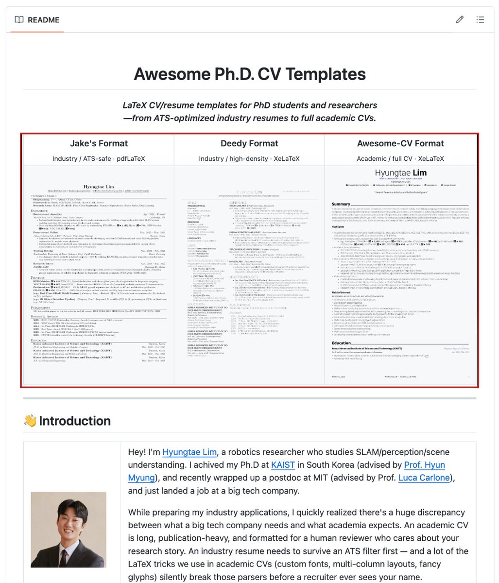 heyrimsha's tweet image. I just found out why most PhD resumes get rejected before a human ever reads them.

A MIT robotics researcher who went through KAIST, did a postdoc at MIT, and just landed at a big tech company figured it out the hard way. Then he put the whole thing on GitHub.

It's called