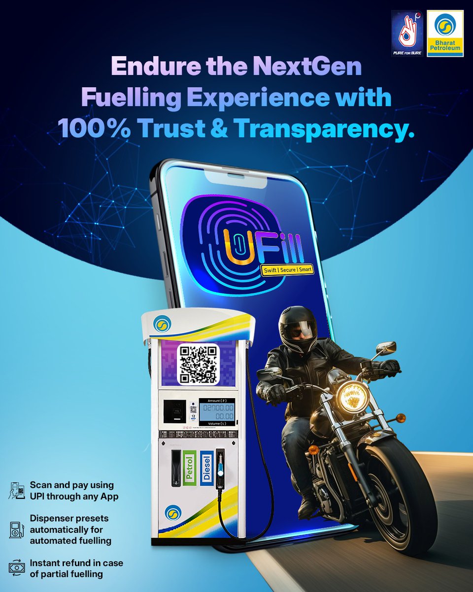 BPCLRetail1's tweet photo. Stuck in a long queue for refuelling? Not anymore! Switch to UFill and experience the smoothest, smartness and secure fuelling on the go.​

#UFill #BPCL #SmartFuelling #ShapingtheFuture #EnergisingLives https://t.co/BajaPEbSM9