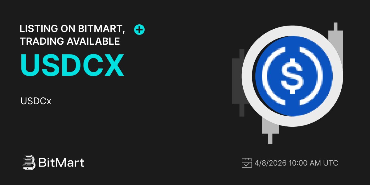 BitMartExchange's tweet photo. #BitMart will list USDCx (USDCX) @Aleo_Asia  on our digital assets platform on April 8, 2026 🤩

💰Trading pair: $USDCX/USDT
💎Deposit: 4/8/2026 8:00 AM UTC
💎Trading: 4/8/2026 10:00 AM UTC

Learn more: https://t.co/UGqSes5pIO https://t.co/nhkplRjs3d