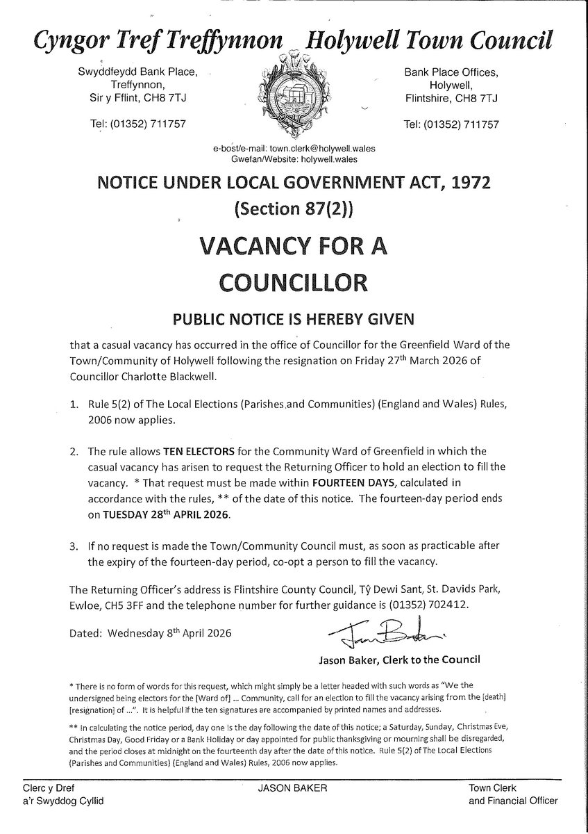 Vacancy Notice - Holywell Town Council - Greenfield Ward