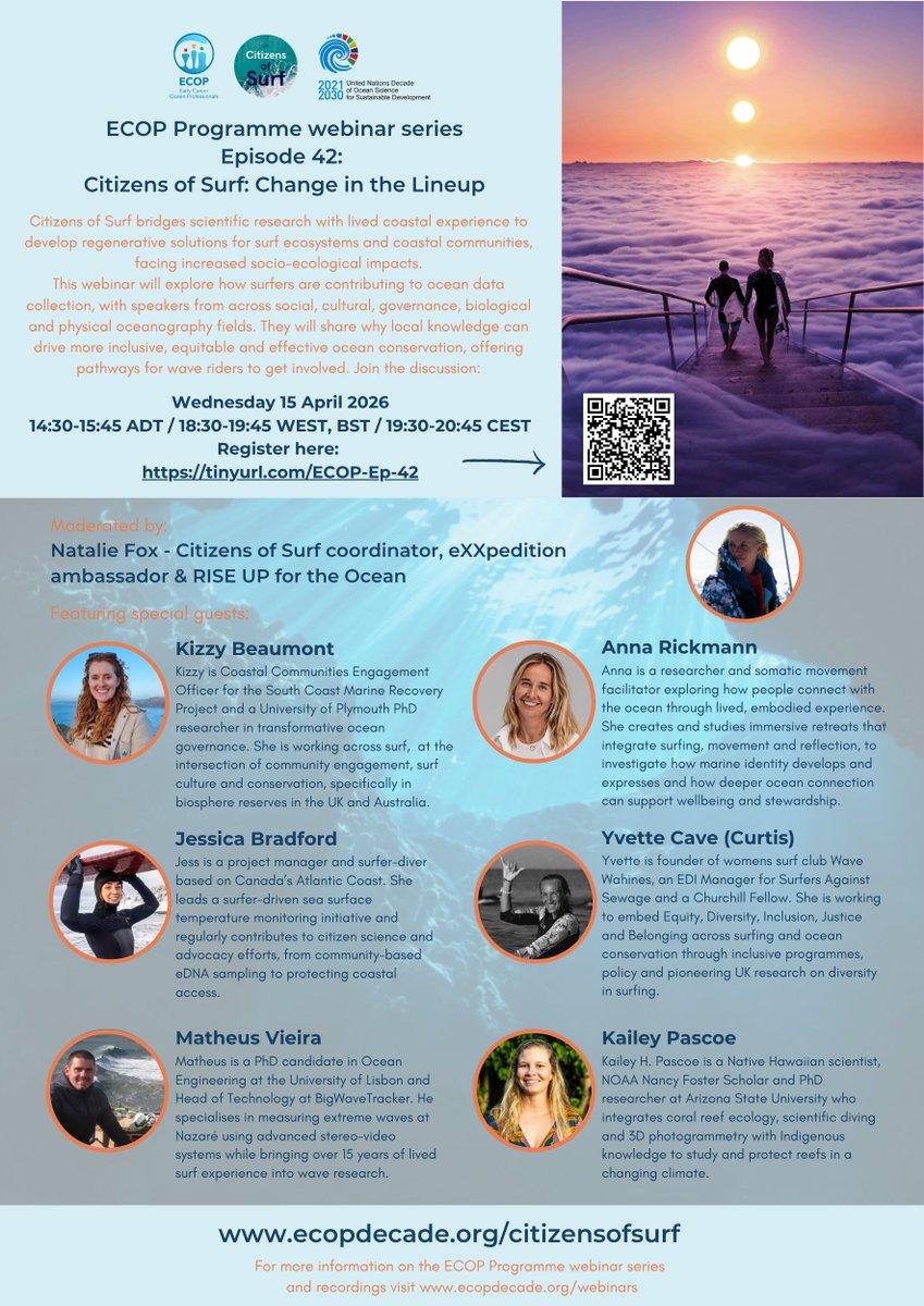 OceanDecadeECOP's tweet image. Join us for Episode 42 of the @ECOP Programme #WebinarSeries, where we explore how #surfers are actively shaping ocean knowledge and advancing conservation through Citizens of surf

📅 Wednesday, 15 April 2026

⏰ 17:00 CEST

💻 Register here: tinyurl.com/ECOP-Ep-42