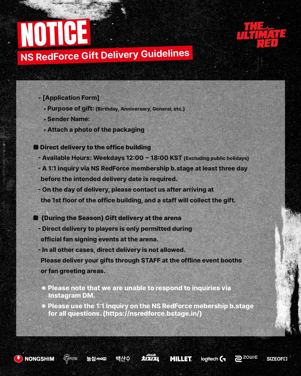 NS_RedForce's tweet image. [NOTICE] #ALL

Hello, this is Nongshim RedForce.

We would like to express our sincere gratitude for the warm support you always show toward our players. To ensure safe and smooth operations, we are providing the updated guidelines for gift deliveries.

Please refer to the