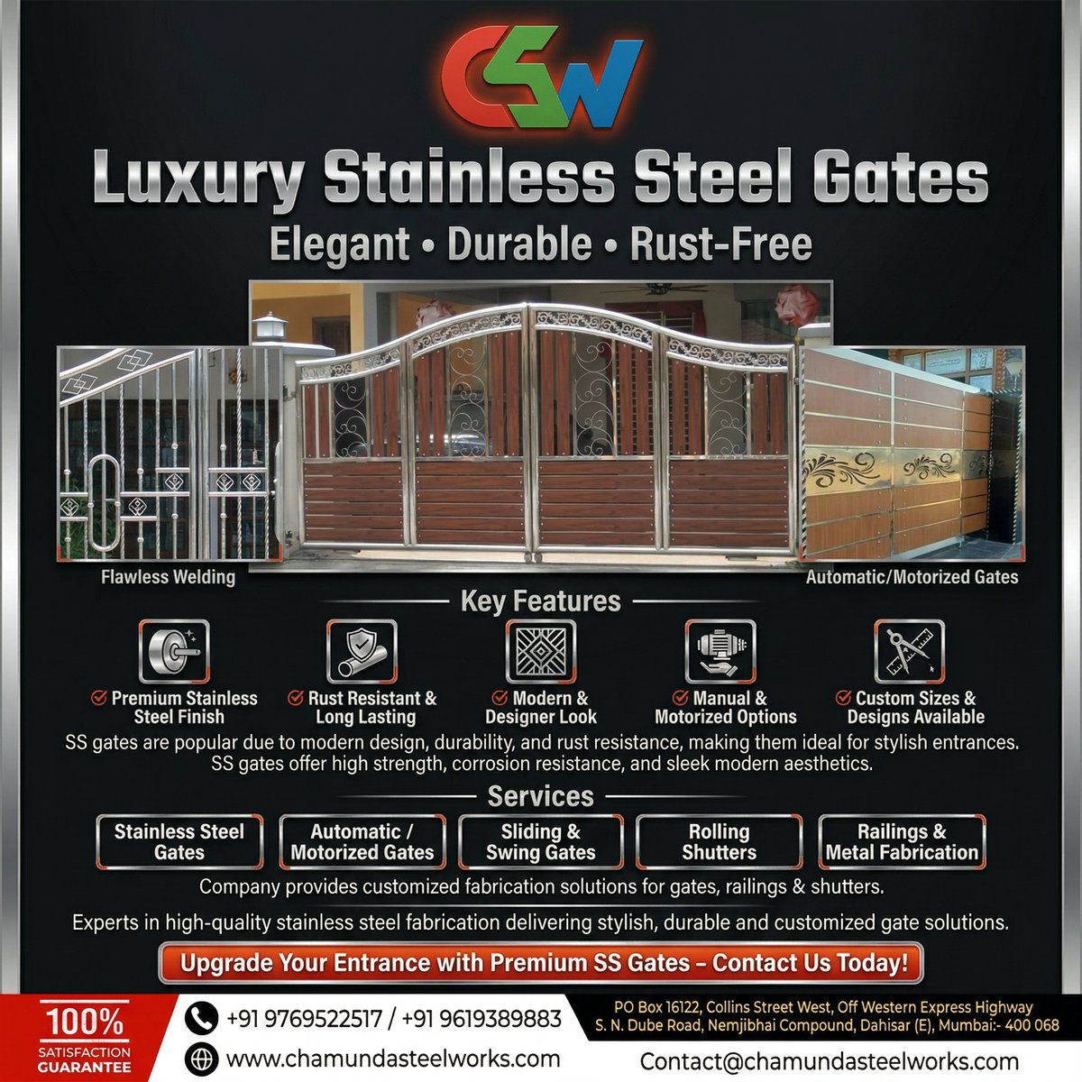chamundasworks's tweet photo. ✨ Luxury Stainless Steel Gates – Elegant • Durable • Rust-Free
✔ Premium Finish &amp; Modern Design
✔ Manual &amp; Motorized Options
✔ Custom Sizes Available
👉 Upgrade Your Entrance Today!
📞 +91 9769522517
#SSGates #LuxuryGates #StainlessSteel #ModernHomes #MumbaiBusiness https://t.co/Y5aT9LHhx5