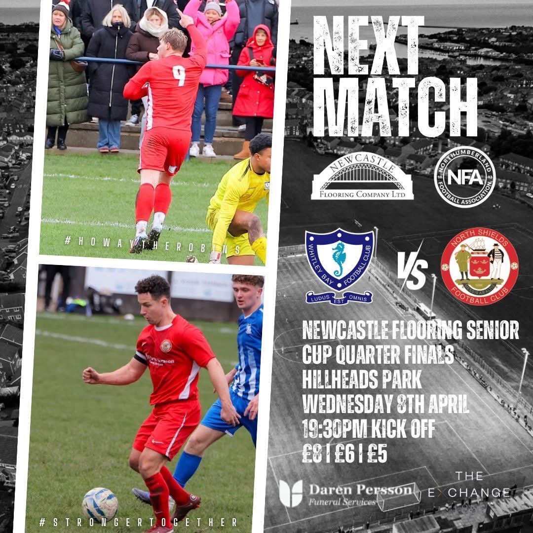 NorthShieldsFC's tweet photo. 🔴 MATCH DAAAAY ⚪

We now head to Hillheads Park for the fourth attempt to finally play this Senior Cup tie! 👊

🆚 Whitley Bay FC
🏆 Newcastle Flooring Senior Cup – Quarter Finals 
📍 Hillheads Park
🕢 Kick-Off: 7:30 pm
🎟️ Admission: £8 A | £6 C | £5 U16

#HowayTheRobins https://t.co/ca82SHLuRz