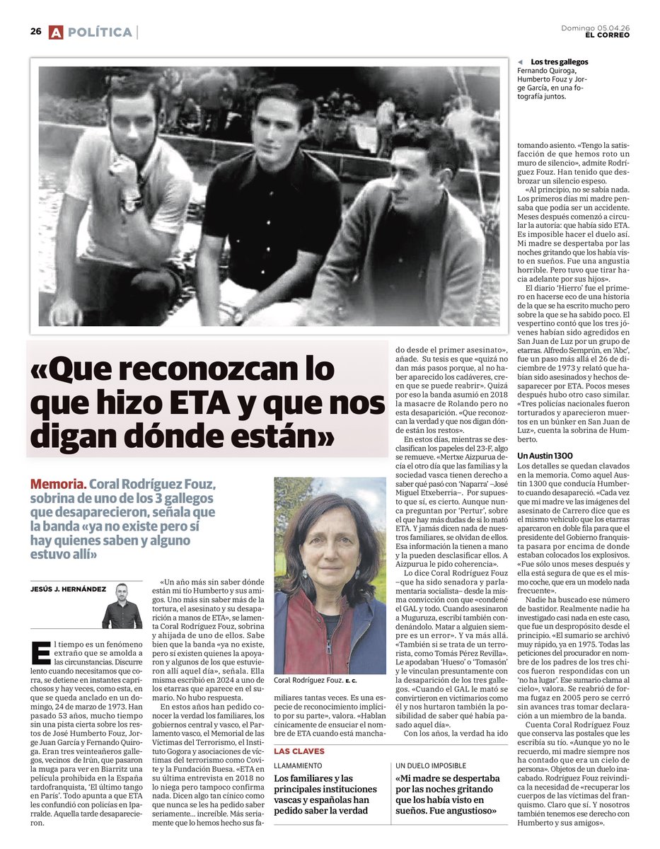 CovitePV's tweet photo. El 24 de marzo de 1973, José Humberto Fouz Escobero, Fernando Quiroga Veiga y Jorge Juan García Carneiro fueron secuestrados por ETA y posteriormente asesinados.

No solo eso, sino que también fueron torturados.

Nunca dijeron dónde enterraron sus cadáveres. Todavía hoy las familias no lo saben.

Pura CRUELDAD, tal y como relata Coral Rodríguez Fouz, sobrina de Humberto Rodríguez Fouz: «Que reconozcan lo que hizo ETA y que nos digan dónde están».

#Memoria