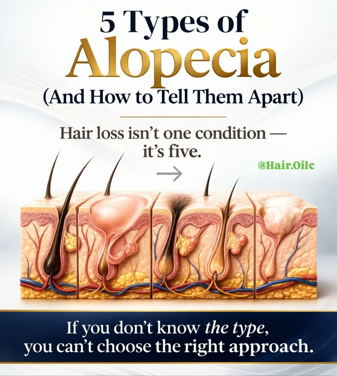 HairOilc's tweet photo. 🚨 5 Types of Alopecia You Should Know!

#alopecia #hairloss #hairfall #hairgrowthtips #hairproblems #scalpcare #hairhealth #naturalhaircare #hairfallsolution #hairlosstips #healthyhair #hairgrowthjourney #reelitfeelit #viralreels #haircaretips
#alopecia #hairloss #hairfall https://t.co/ulrYnheRC3
