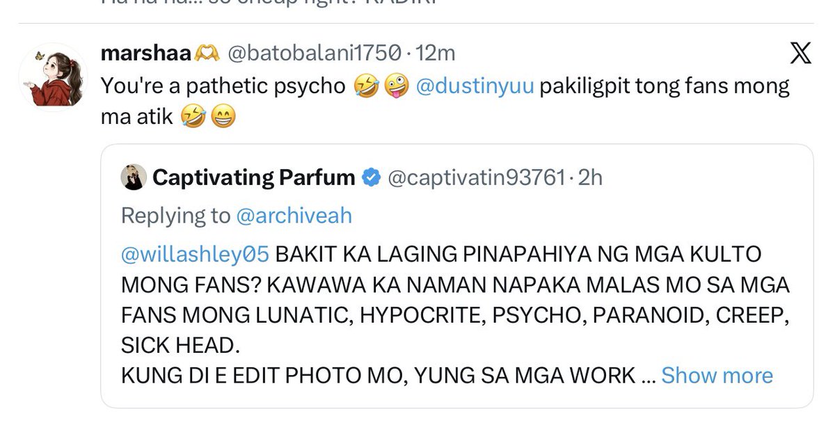 Hello <a href="/batobalani1750/">marshaa🫶</a> bakit ka nag off ng comments. Wow pati ba naman yung name ng new fandom niyo ginamit mo pa para e tagged si Dustin.. naku wala talaga kayong originality no. BOBO nakapag aral ka ba?

<a href="/willashley05/">Will Ashley</a> alam ba ng mga WILLCATOK na sinabihan mo sila na madaling