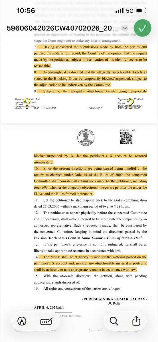 CriticsAnalysis's tweet photo. #DelhiHC has uploaded its orders 8pm 7-Apr-26, directing immediate restoration of X accounts of @DrNimoYadav, @Nher_who. Credit to @NakulGandhi511 @vrindagrover @advsoutik @apar1984 @internetfreedom and all lawyers who especially argued. #FreeSpeech #Censorship #Section69A https://t.co/VjuiguI3FO