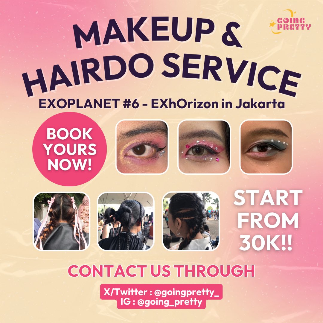 goingpretty_'s tweet photo. EXO-L! THE WAIT IS OFFICIALLY OVER!

EXO is coming for the crown in EXO PLANET #6 - EXhOrizon in Jakarta 🩶✨
Buat moment konser kamu lebih seru dengan jasa makeup, hairdo, &amp; nailart di Going Pretty 🫶🏼⛓️
✅+1500 CLIENTS

START FROM 35K! BOOK YOUR SLOT NOW! #EXhOrizon_in_JAKARTA https://t.co/HmLjjMwGbo