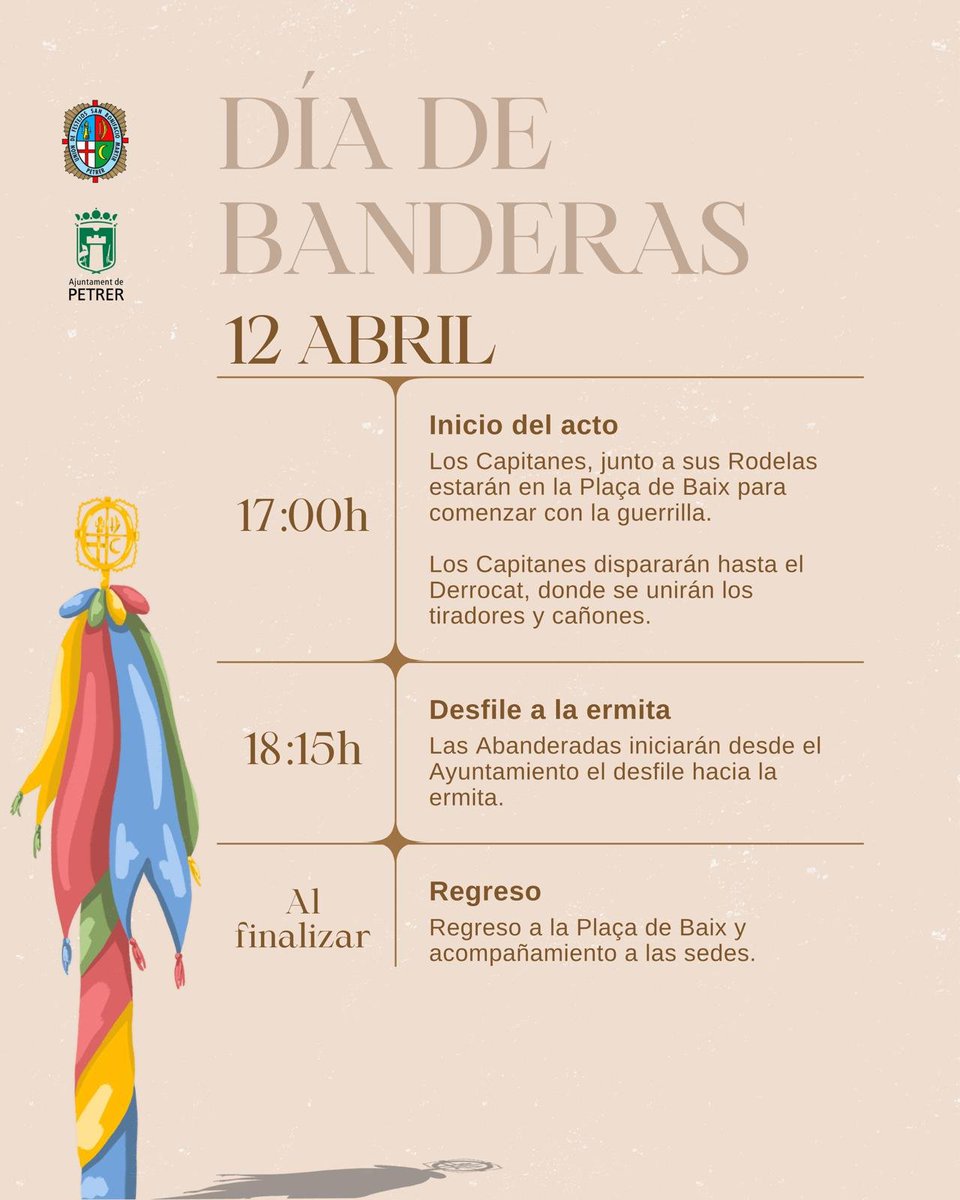 MorosNousPetrer's tweet image. 🇹🇷🏴󠁧󠁢󠁥󠁮󠁧󠁿 La Unión de Festejos ha hecho público el organigrama de horarios y actos para la Noche del Pregón y el Día de las Banderas 2026.

❤️💥 ¡Comienza la cuenta atrás para que #Petrer vibre con sus próximas Fiestas de Moros y Cristianos!