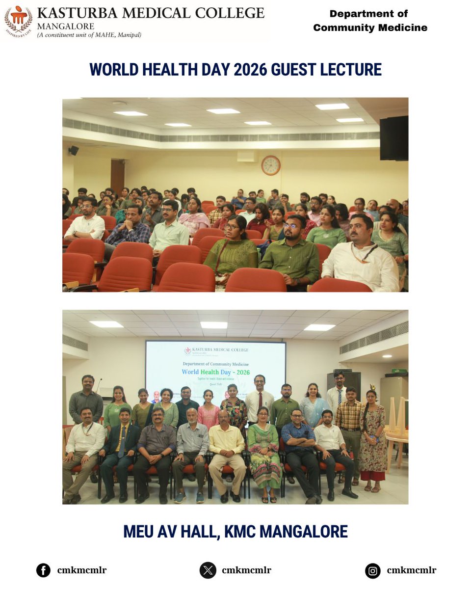 Dept of Com Med, KMC Mangalore organized a World Health Day 2026 guest lecture on 7 April at MEU AV Hall. Dr K B Hebbar and Mr K Thampan spoke on plantation science, climate change, and their impact on health.
