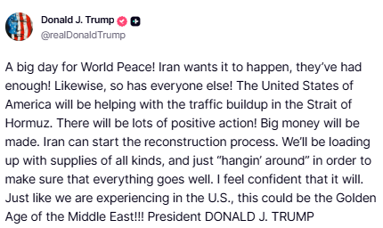 ILRedAlert's tweet image. Trump said earlier today that it is “a big day for World Peace,” adding that Iran and others are ready for it. He said the U.S. will help manage traffic in the Strait of Hormuz, assist Iran with reconstruction, and oversee supplies to ensure success, calling it a potential