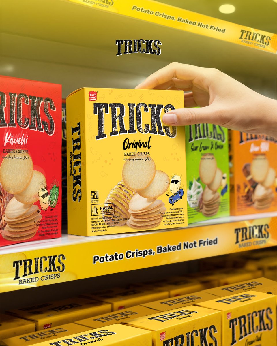 trickscrisps's tweet photo. Ketika niatnya cuma liat-liat tapi malah bawa pulang Tricks. Cemilan enak ga pernah bisa ditolak! 😋

Temukan Tricks di rak toko-toko favoritmu. Tersedia di AEON, Alfamart, Alfamidi dan Naga Swalayan 💛

#TricksCrisps #SnackTricks https://t.co/UeHSiWj3hn
