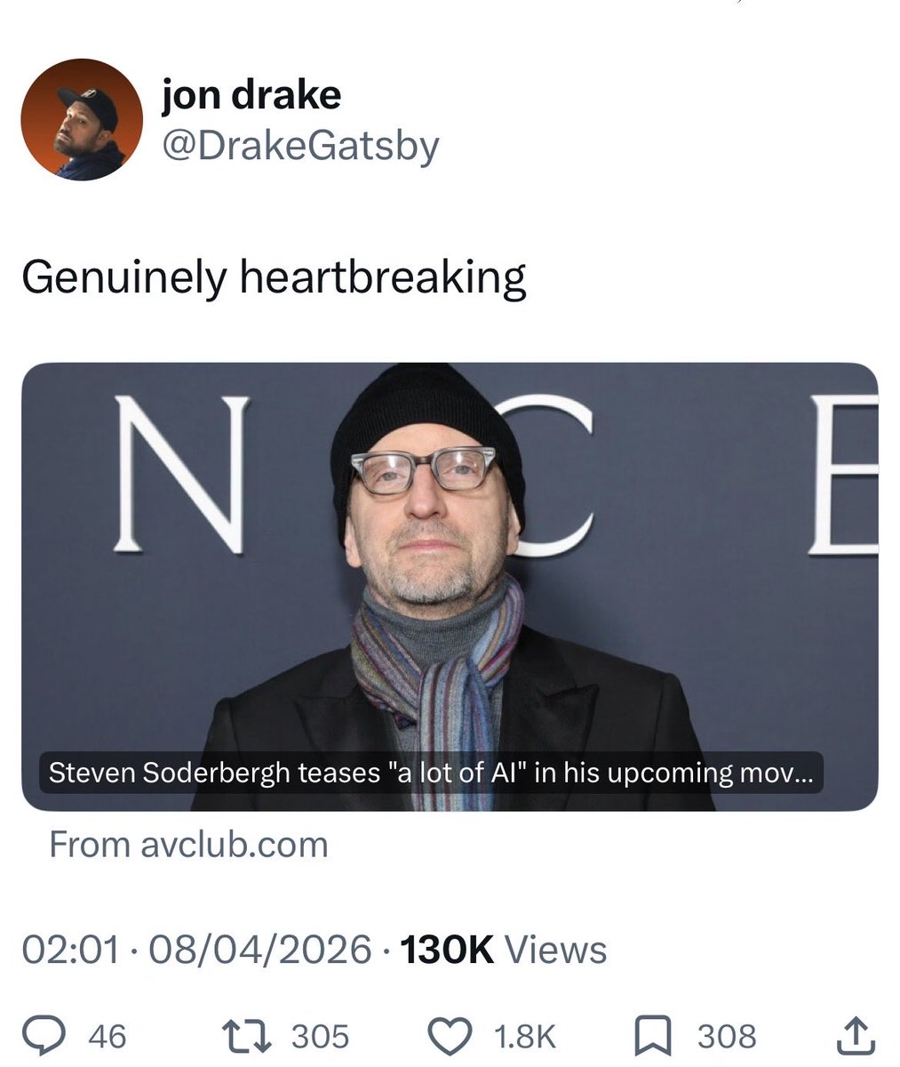 MrEwanMorrison's tweet image. A handful of film directors are destroying their reputation and their audience by using AI to take shortcuts. 

Steven Soderbergh is the latest to learn the hard way - that if you slop, you flop.