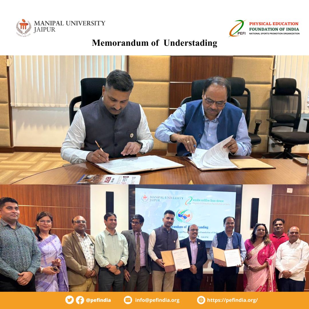 The MoU was signed by Dr. Piyush Jain (National Secratary, PEFI) and Dr. Amit Soni (Registrar,MUJ) On 7th April 2026 in the presence of Dr. Karunakar A. Kotegar (Pro President,MUJ), Dr. Brajesh Kumar, Dr. Trishu Sharma, Dr. Ravi Sharma, Dr. Richa Arora, and other faculty members.