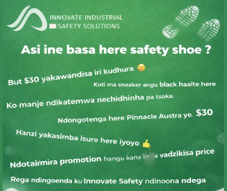 InnovateSafety's tweet photo. Usaverengera kutenga safety shoe , ine basa , inokuchengetedza paunenge uchishanda nezvinokuvadza , Tenga safety shoe yako nhasi ! 
 Contact us on :0788800764/5
Visit us at 9 Sarum Avenue Eastlea 

#innovatesafety #besafewithus https://t.co/63qBeUVxAK