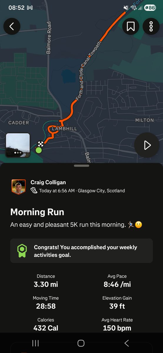 CraigRGNDem's tweet image. An easy and pleasant 5K run this morning. 🏃🏻‍♂️🙂

#Glasgow #EasyRun #Strava @UKRunChat #Running