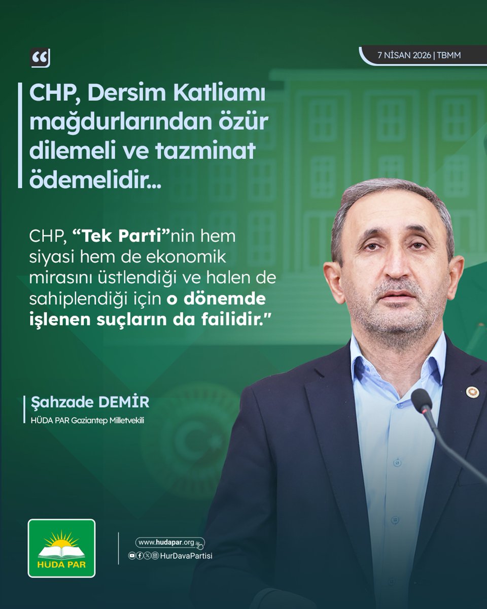HudaParTBMM's tweet photo. CHP, Dersim Katliamı mağdurlarından özür dilemeli ve tazminat ödemelidir...

"CHP, “Tek Parti”nin hem siyasi hem de ekonomik mirasını üstlendiği ve halen de sahiplendiği için o dönemde işlenen suçların da failidir."

Şahzade Demir | Gaziantep Milletvekilimiz https://t.co/DNhz42Y8Hc