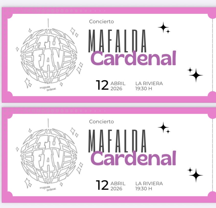 liiddiaaa_'s tweet photo. Mi madre y yo nos hicimos el mismo regalo: 2 entradas para el concierto de Mafalda Cardenal... muy bonito que coincidamos pero ahora me sobran dos 😃 Es este domingo 12 de Abril en la Riviera a las 21:00. Precio negociable, graciaasss https://t.co/oC5UplW6RU