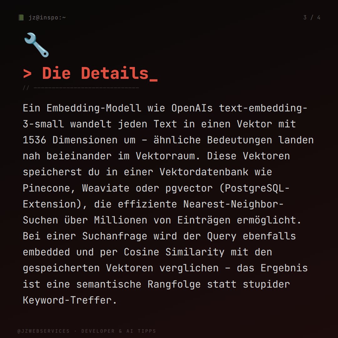 JZWebservices's tweet image. Keyword-Suche ist blind für Bedeutung. Mit Embeddings + pgvector baust du Semantic Search direkt in PostgreSQL – auch für Odoo. Der Qualitätssprung bei Suchergebnissen ist enorm. #SemanticSearch #AITipps