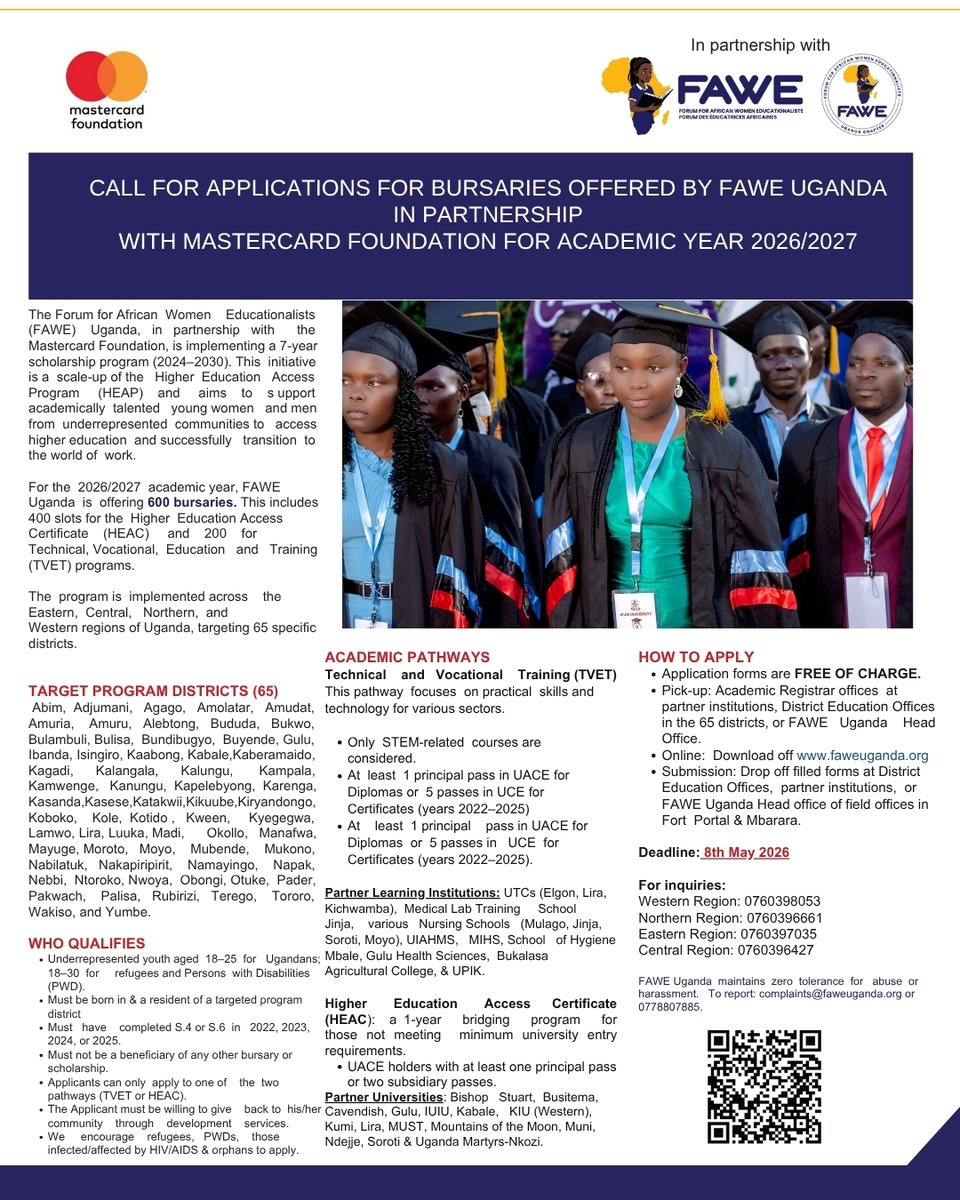 FAWEUganda's tweet photo. One month left to apply for the 2026/2027 HEAP Bursary Programme by FAWE Uganda in partnership with the Mastercard Foundation.
Read more and apply here: https://t.co/y9Yd3MSEPX
Deadline: 8 May 2026

1/2 https://t.co/k6jtqUISNU