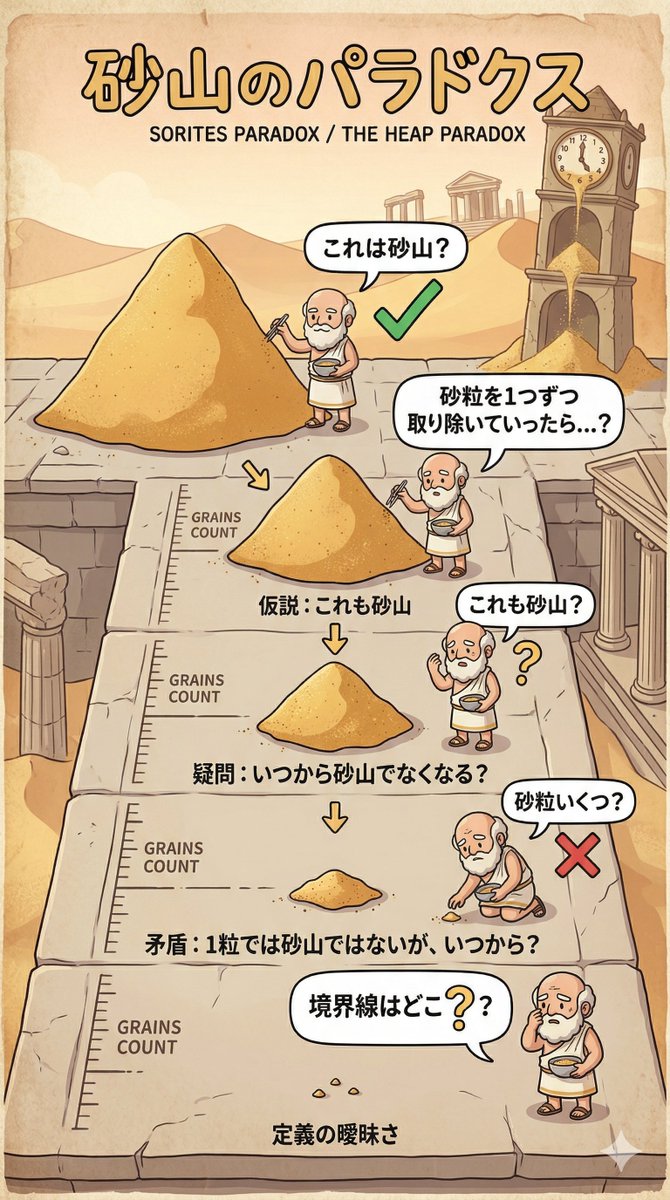 砂を1粒ずつ除くと、どこから「砂山」でなくなったかは明確に決められない（砂山のパラドクス）。

曖昧な世界で、監査人は財務報告が「適正」と言えるかどうかに線を引く必要がある。
そのための規準（判断規範）が会計基準であり、監査はそれに照らして適正性を判断する。

#考える監査論