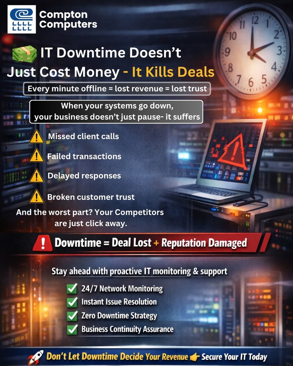 IT downtime isn’t just an IT issue — it’s a revenue killer.
Every second offline means missed opportunities, lost clients, and damaged trust.
🚨 Don’t wait for a failure to realize the cost.
Stay proactive. Stay secure. Stay ahead.

👉 Secure your IT before it costs you your next