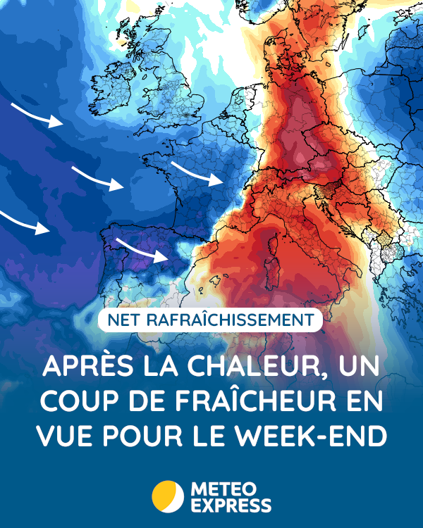 📉 Une chute des températures se confirme pour le week-end ! Une fraîcheur sensible fera son retour par l'ouest dès samedi, s'étendant à l'est dimanche. La transition s'accompagnera d'un front pluvieux. 🌧️
