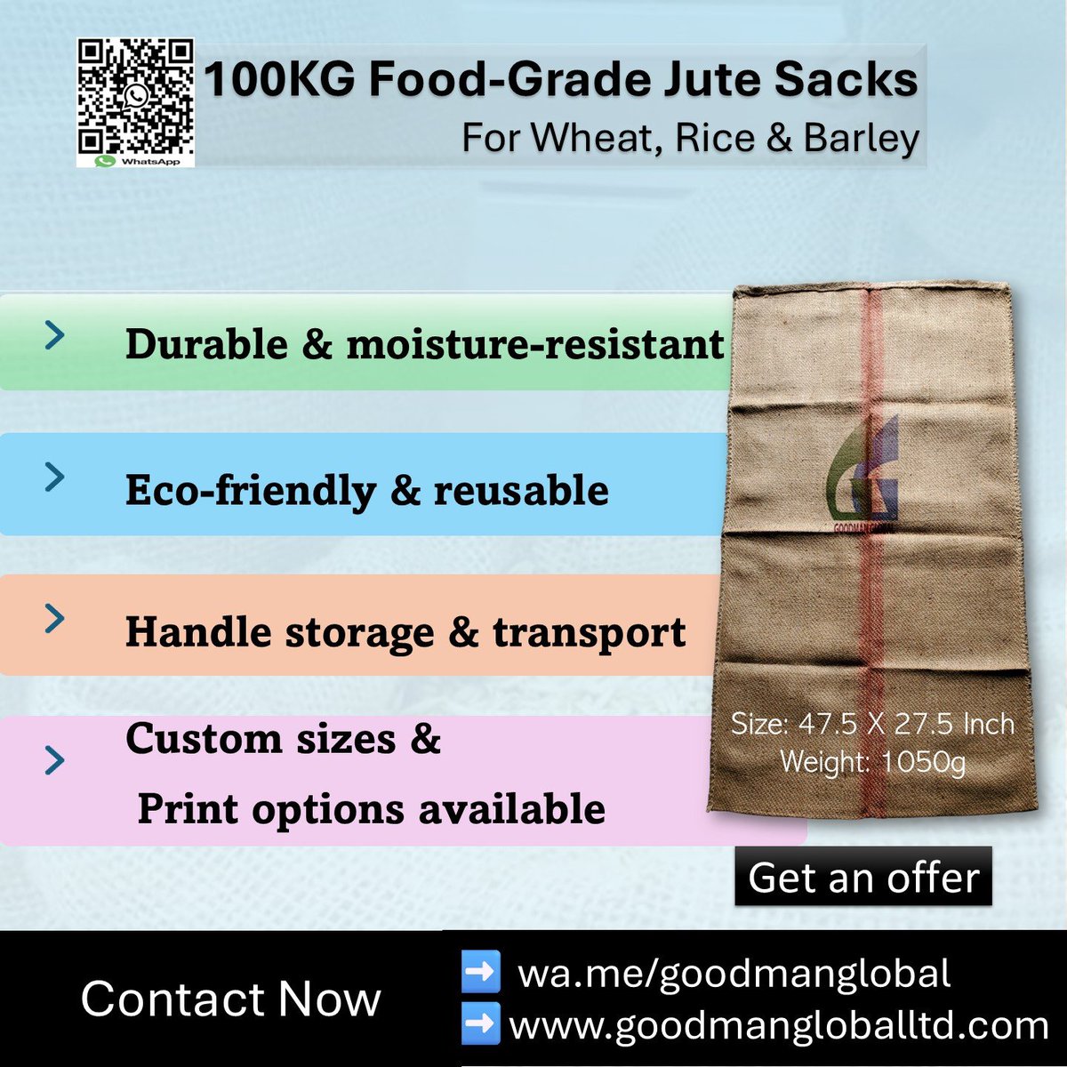 Goodman_Global's tweet image. Food-Grade Binola Jute Sacks

👉 wa.me/goodmanglobal 👉 goodmangloballtd.com 
👉 @Goodman_Global

✅ Food-safe and hygienic
✅ Breathable yet extra-strong
✅ Perfect for dry foods and grains

#jutebags #ecofriendlypackaging #foodgradesacks  #agriculturalpacking