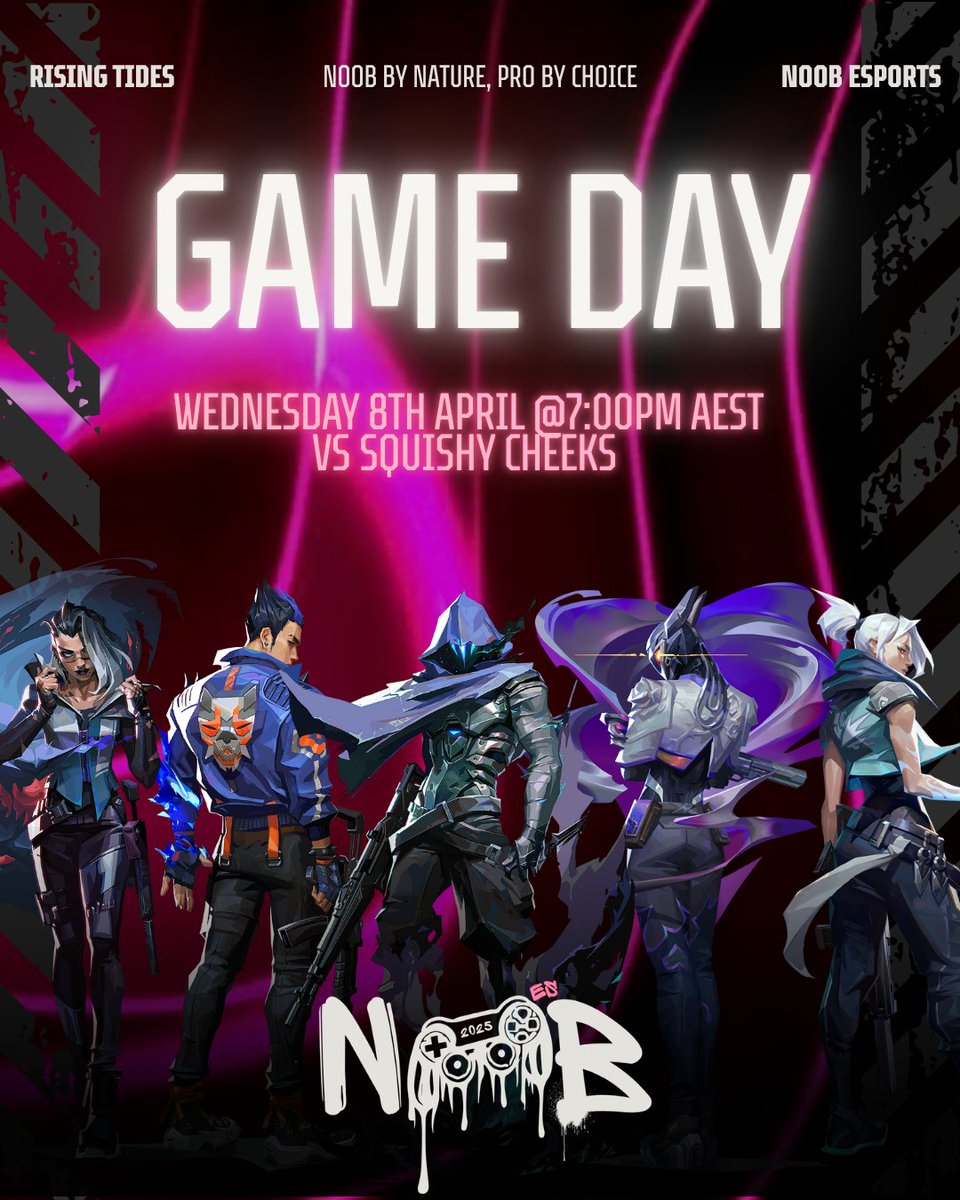 noob_esports's tweet photo. ๐ฅ GAME DAY ๐ฅ
Our VALORANT squad returns tonight, looking to keep the momentum going. ๐
NOOB vs Squishy Cheeks
@Wave_OCE Rising Tides
๐บ LIVE โ 7:00pm AEST (Coach POV)
Watch: https://t.co/PDPP6lBgHj
#noobesports #VALORANT #WaveOCE #RisingTides #gameday #OCE https://t.co/4mRr3sMRiW