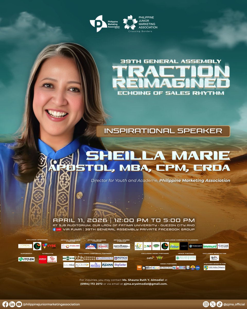 pjma_official's tweet photo. Hear profound ideas and guidance as Ms. Sheilla Marie Apostol, the PMA Director for Youth and Academe, delivers her inspirational message at the 39th #GeneralAssembly2026, held at Our Lady of Fatima University - Quezon City on April 11, 2026, from 12:00 PM to 5:00 PM. https://t.co/ttlhLWIwsF