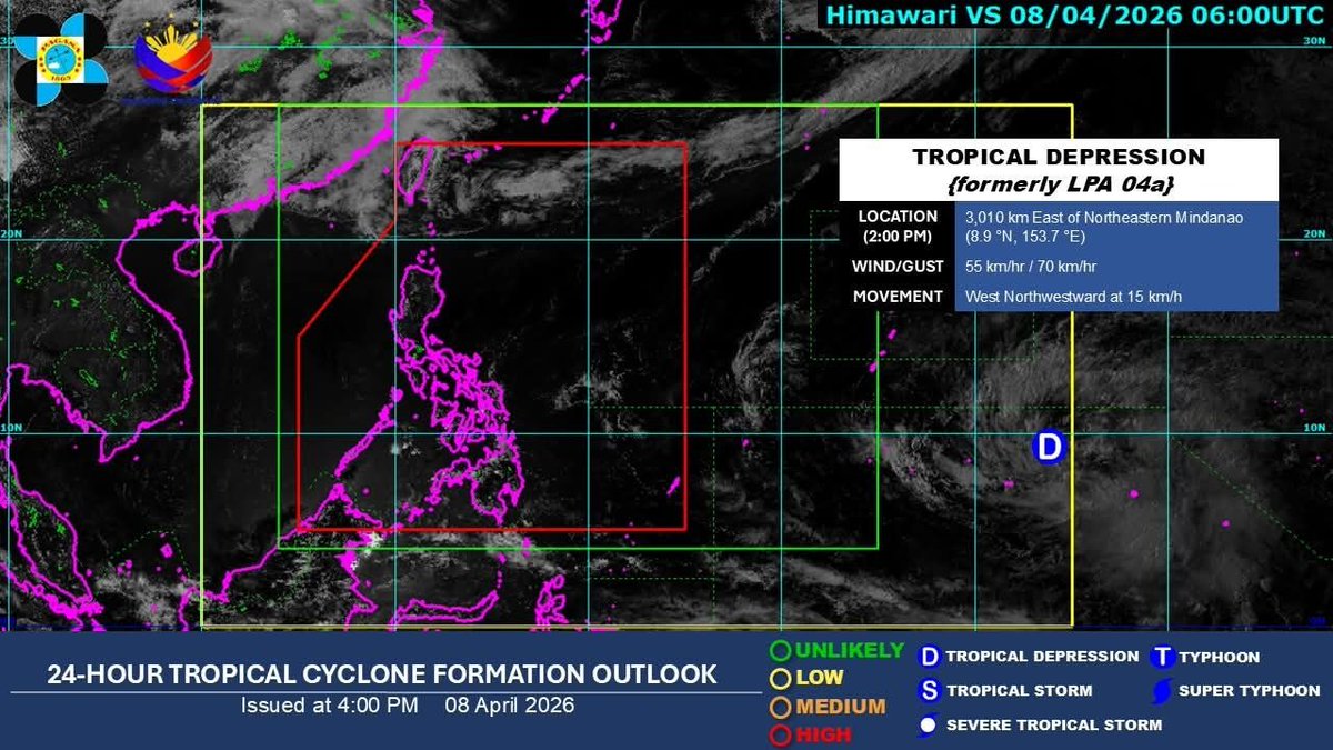 pnagovph's tweet image. The low pressure area east of Mindanao has developed into a tropical depression, PAGASA says Wednesday (April 8, 2026).

The cyclone was located 3,010 kilometers east of northeastern Mindanao as of 2 p.m., PAGASA said. | Cristina Arayata

#IntegratedStateMedia
#ISM