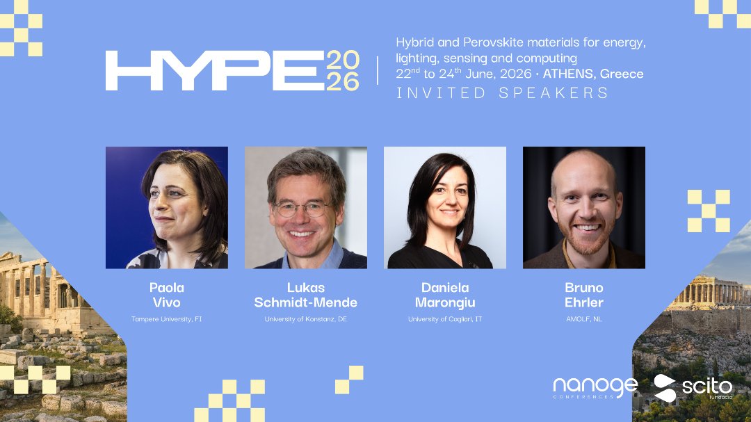 nanoGe_Conf's tweet photo. 🟡Explore cutting-edge research at #HYPE26!

Join leading scientists to explore halide perovskites and hybrid materials for solar energy, light emission, optical sensing and intelligent systems

📍 Athens, Greece
🗓️ 22-24 June 2026

🔗Send an oral abstract:https://t.co/Ni9O7hW1UE https://t.co/rCTTFRrVbm