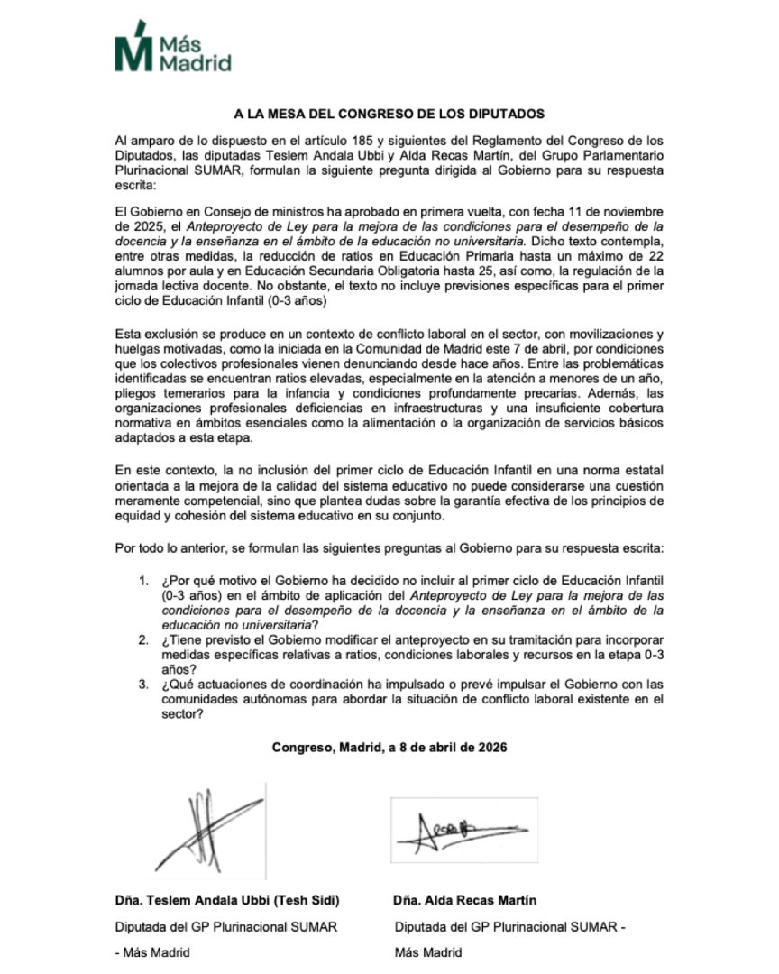 Desde Más Madrid en el Congreso exigimos al M. Educación medidas urgentes para atender las demandas de las educadoras infantiles: reducción de ratios, mejoras salariales y el reconocimiento de su categoría. Todo nuestro apoyo a la huelga que están realizando para cuidar mejor a