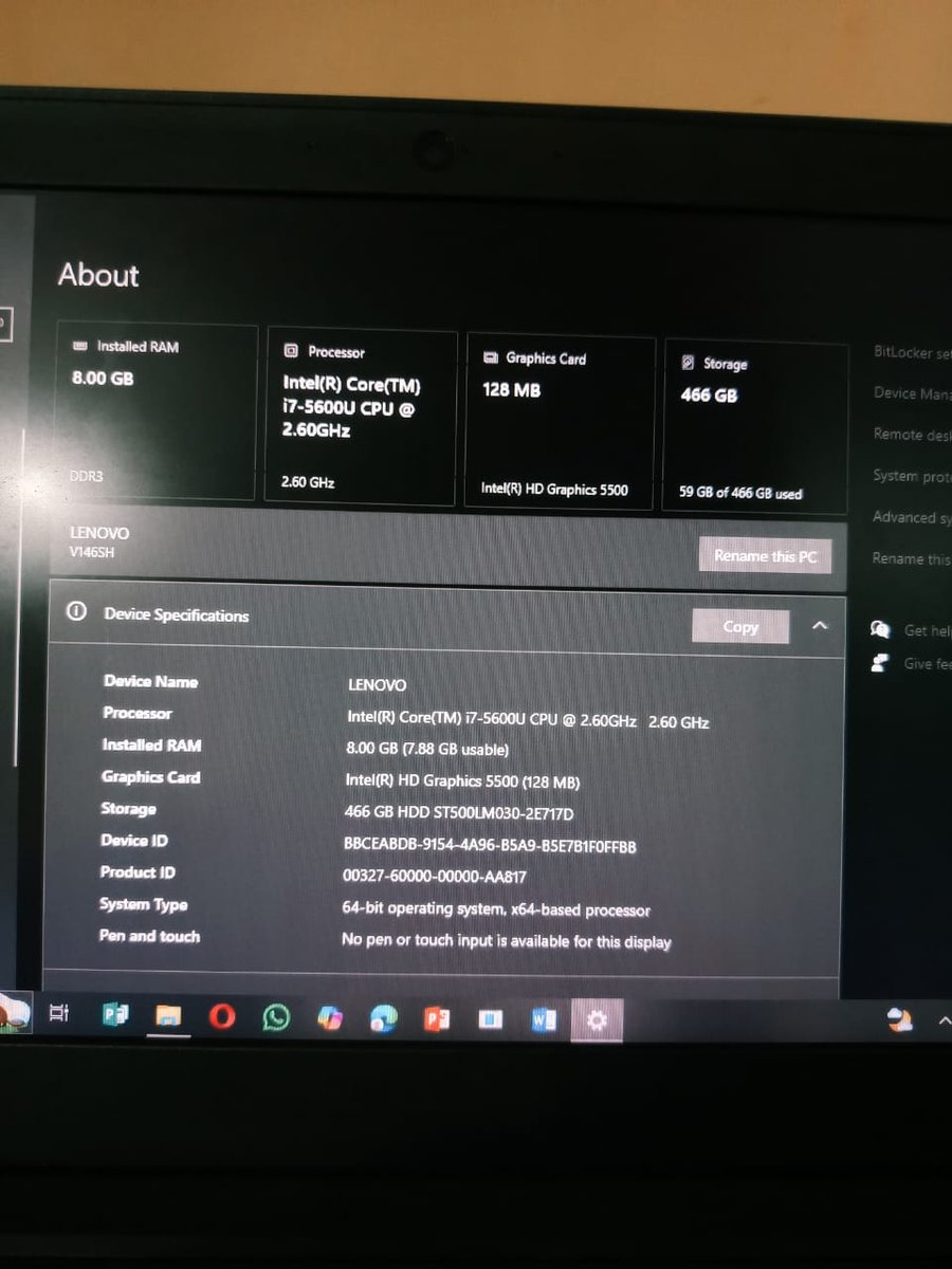Its_kuy's tweet photo. Device NameLENOVO
ProcessorIntel(R) Core(TM) i7-5600U CPU @ 2.60GHz   2.60 GHz
RAM8.00 GB (7.88 GB usable)
Storage466 GB HDD
Graphics CardIntel(R) HD Graphics 5500 (128 MB)
No pen or touch input is available for this display
720k starting price. https://t.co/BDuOH3zQq2