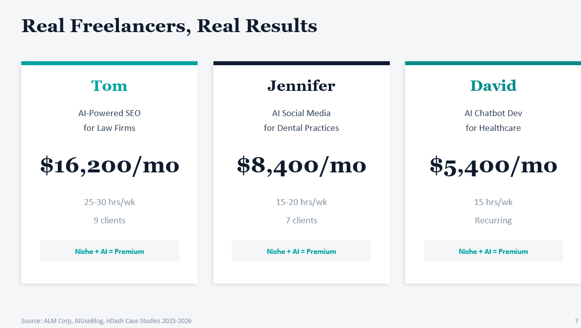 omoalhajaabiola's tweet photo. What are the money-making opportunities for freelancers in the age of AI?

Using @Upwork earnings reports, data published by ALMCorp, @fiverr Survey, and nDash Case Studies, I mapped out some of the highest-earning opportunities for freelancers in AI and provided rate benchmarks for each category. 

The report shows that buyers and clients globally are paying a premium price for AI+Domain expertise. Instead of learning AI from scratch, it is recommended to plug AI into your existing knowledge. Often, this could be SEO for law firms or chatbot development for healthcare on recurring retainers, especially as AI-generated content is increasingly becoming thinner in depth and relevance. 

Link to the entire slide here https://t.co/qx2dx1yW4R