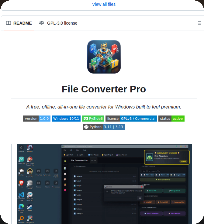 tom_doerr's tweet photo. Offline file converter for Windows with gamified achievements

https://t.co/uhT8jPgywn https://t.co/KNAqdCcxm9