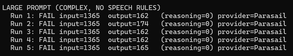 che_jami's tweet photo. Even tried isolating parts of prompt but seems to be about overall complexity. Can't benchmark :( https://t.co/V9YzXmXepJ