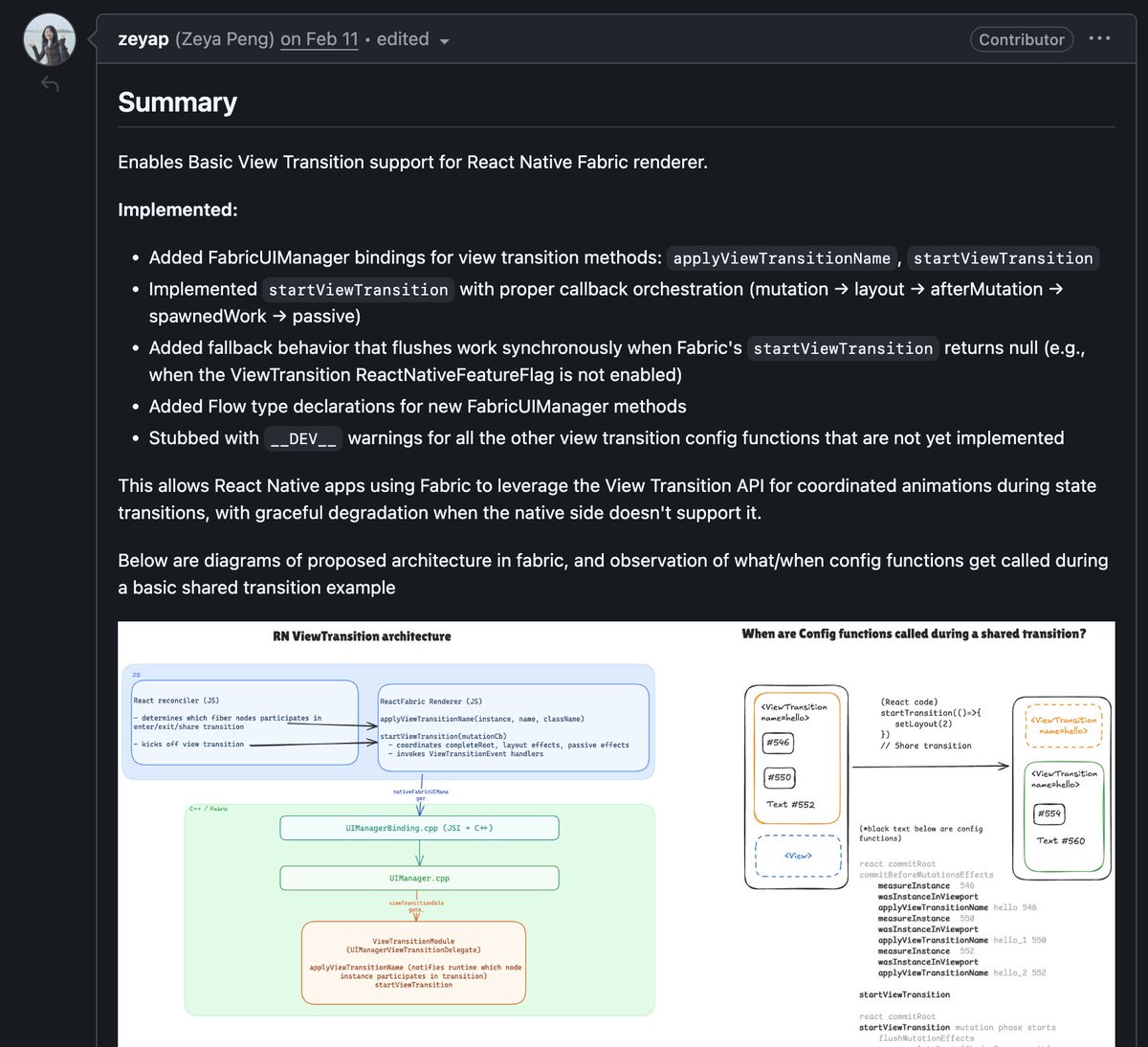 sebastienlorber's tweet image. 👀 React &amp;lt;ViewTransition&amp;gt; support for React Native 🎉

Behind a flag, doesn't seem ready for prime time
But nonetheless quite exciting to see it being actively worked on!

You'll find various PRs showing activity in the RN reconcilier and the Fabric renderer