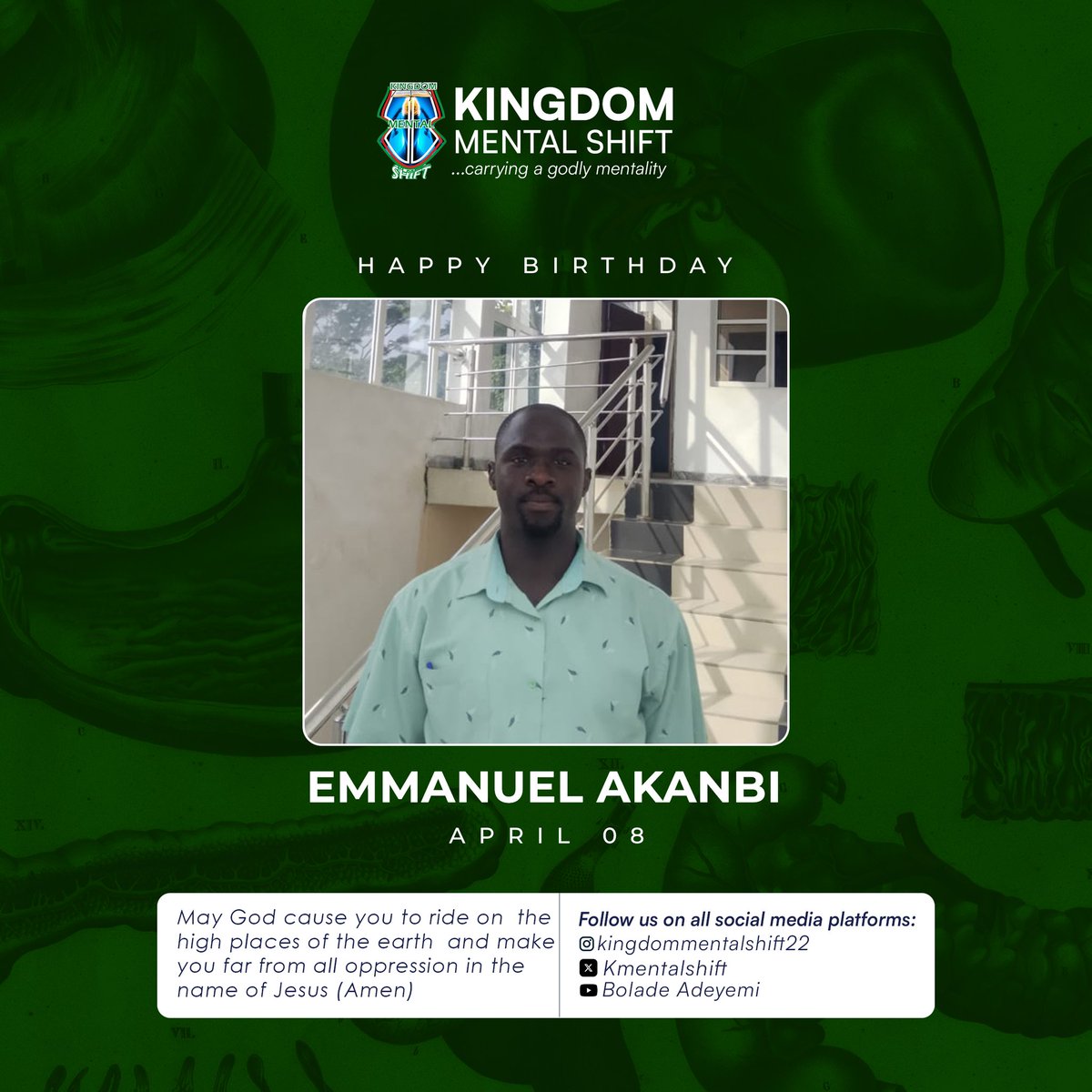 KMentalshift's tweet photo. Celebrating Great Minds 🥂
May God cause you to ride on the high places of the earth and make you far from all oppression in Jesus' name (Amen) 🙏 

#KMS
#April8
#CelebratingGreatMinds https://t.co/QiXQSkLeGA