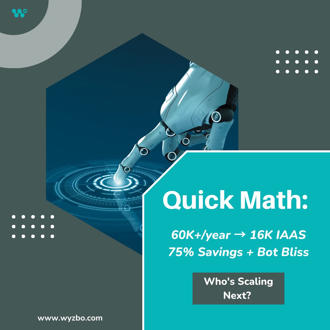 wyzbo's tweet photo. Quick math: Traditional infra = 60K+/year. Intelligent Automation As A Service = 16K/year. Result? 75% savings + bot bliss. No hype, just results for your workflows.

Who's scaling next? 👇

#CostOptimization #Automation https://t.co/nZf0ErBp7Q