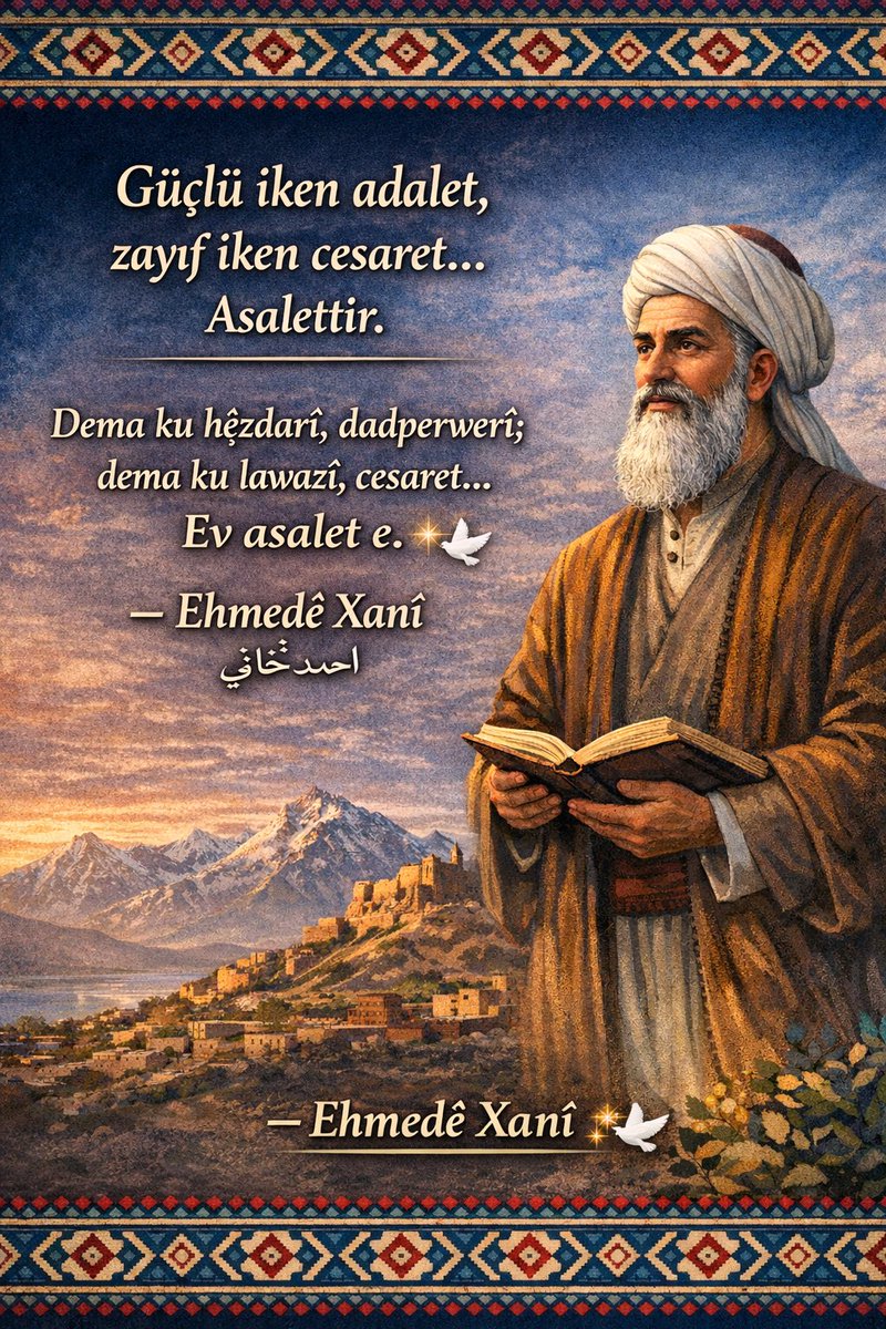 Güçlü iken adalet, zayıf iken cesaret… Asalettir.

Dema ku hêzdarî, dadperwerî; dema ku lawazî, cesaret… Ev asalet e.

— Ehmedê Xanî