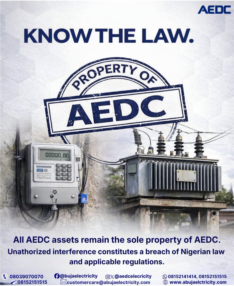 aedcelectricity's tweet image. If you notice any faults, damages or power outage, please report to us immediately. 
#KnowTheLaw
#AEDC
#PowerofCommitment