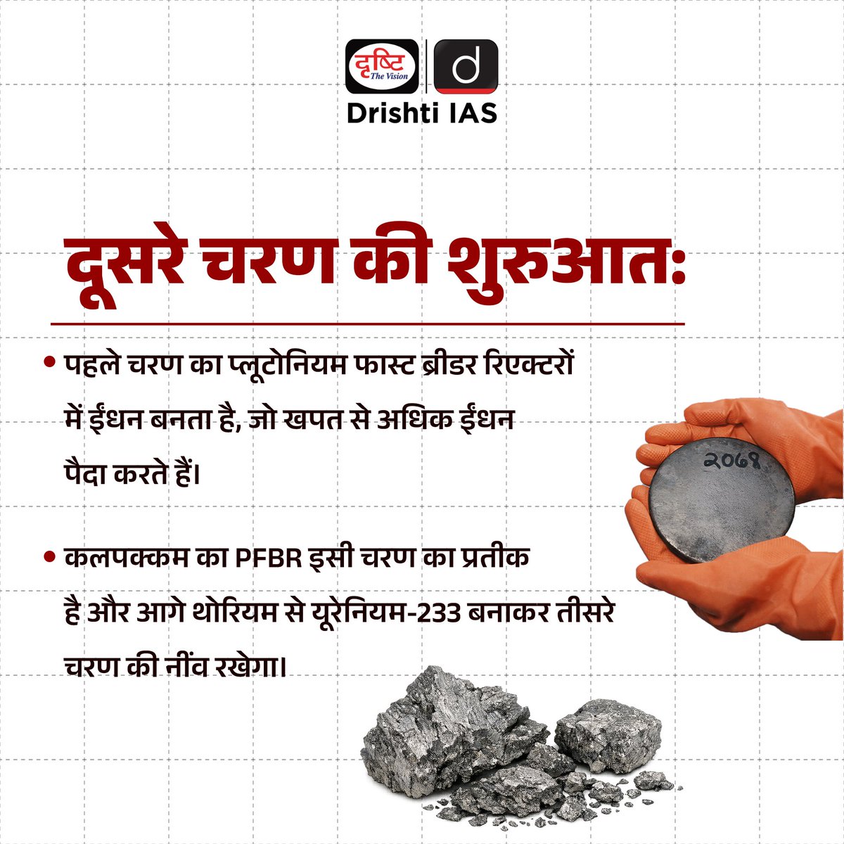 drishtiias's tweet photo. भारत के परमाणु ऊर्जा कार्यक्रम में एक महत्त्वपूर्ण उपलब्धि के रूप में 500 मेगावाट प्रोटोटाइप फास्ट ब्रीडर रिएक्टर (PFBR) ने 6 अप्रैल, 2026 को सफलतापूर्वक पहली क्रिटिकलिटी प्राप्त की, जो नियंत्रित परमाणु विखंडन श्रृंखला की शुरुआत को दर्शाती है। यह उपलब्धि दीर्घकालिक ऊर्जा सुरक्षा और स्वदेशी परमाणु तकनीक को मजबूत करने की दिशा में एक बड़ा कदम है। इसे परमाणु ऊर्जा नियामक बोर्ड (AERB) की सुरक्षा समीक्षा के बाद मंजूरी मिली, और इस अवसर पर परमाणु ऊर्जा विभाग तथा संबंधित संस्थानों के वरिष्ठ अधिकारी उपस्थित रहे। . इस रिएक्टर का डिजाइन और विकास इंदिरा गांधी परमाणु अनुसंधान केंद्र (IGCAR) द्वारा स्वदेशी रूप से किया गया है, जबकि इसका निर्माण और संचालन भाविनी द्वारा किया जा रहा है। PFBR भारत की तीन-चरणीय परमाणु रणनीति का अहम हिस्सा है, जो यूरेनियम-प्लूटोनियम (MOX) ईंधन का उपयोग करता है और यूरेनियम-238 को प्लूटोनियम-239 में बदलकर अतिरिक्त ईंधन उत्पन्न करता है। यह अनूठी क्षमता परमाणु ईंधन के उपयोग को काफी बढ़ाती है और सीमित यूरेनियम संसाधनों से अधिक ऊर्जा प्राप्त करने में मदद करती है, साथ ही भविष्य में थोरियम आधारित ऊर्जा के व्यापक उपयोग की दिशा भी तैयार करती है। . #NuclearEnergy #PFBR #Kalpakkam #IndiaNuclear #CleanEnergy #NetZero2070 #EnergySecurity #UPSC #CurrentAffairs #ScienceTech #DrishtiIAS