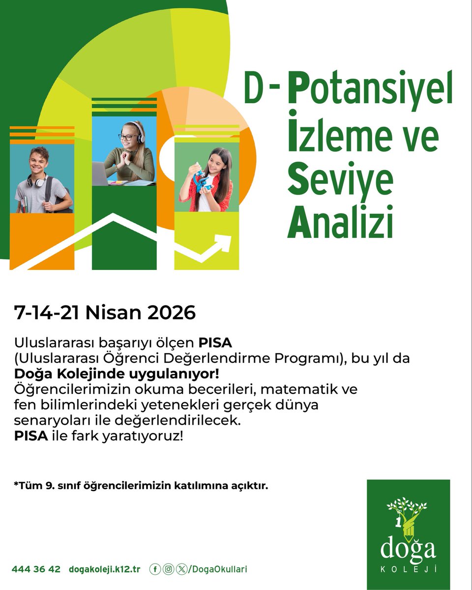 Uluslararası başarıyı ölçen PISA modeli, D-PISA (D-Potansiyel İzleme ve Seviye Analizi) bu yıl da Doğa Kolejinde!

9. sınıf öğrencilerimizin okuma becerileri, matematik ve fen okuryazarlıkları; gerçek yaşam senaryolarıyla değerlendiriliyor!

Geleceğin başarıları, Türkiye’nin