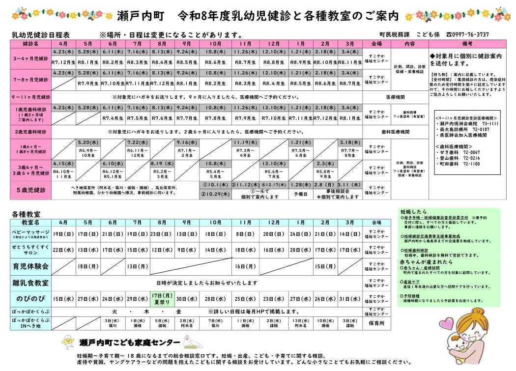 令和8年度の乳幼児健診と各種教室のご案内

画像または町公式ウェブサイトにてご確認ください。
乳幼児健診については対象月に個別にご案内を送付します。
town.setouchi.lg.jp/yobou/cho/kenk…

▼お問合わせ先
町民税務課こども係
☏0997-76-3737