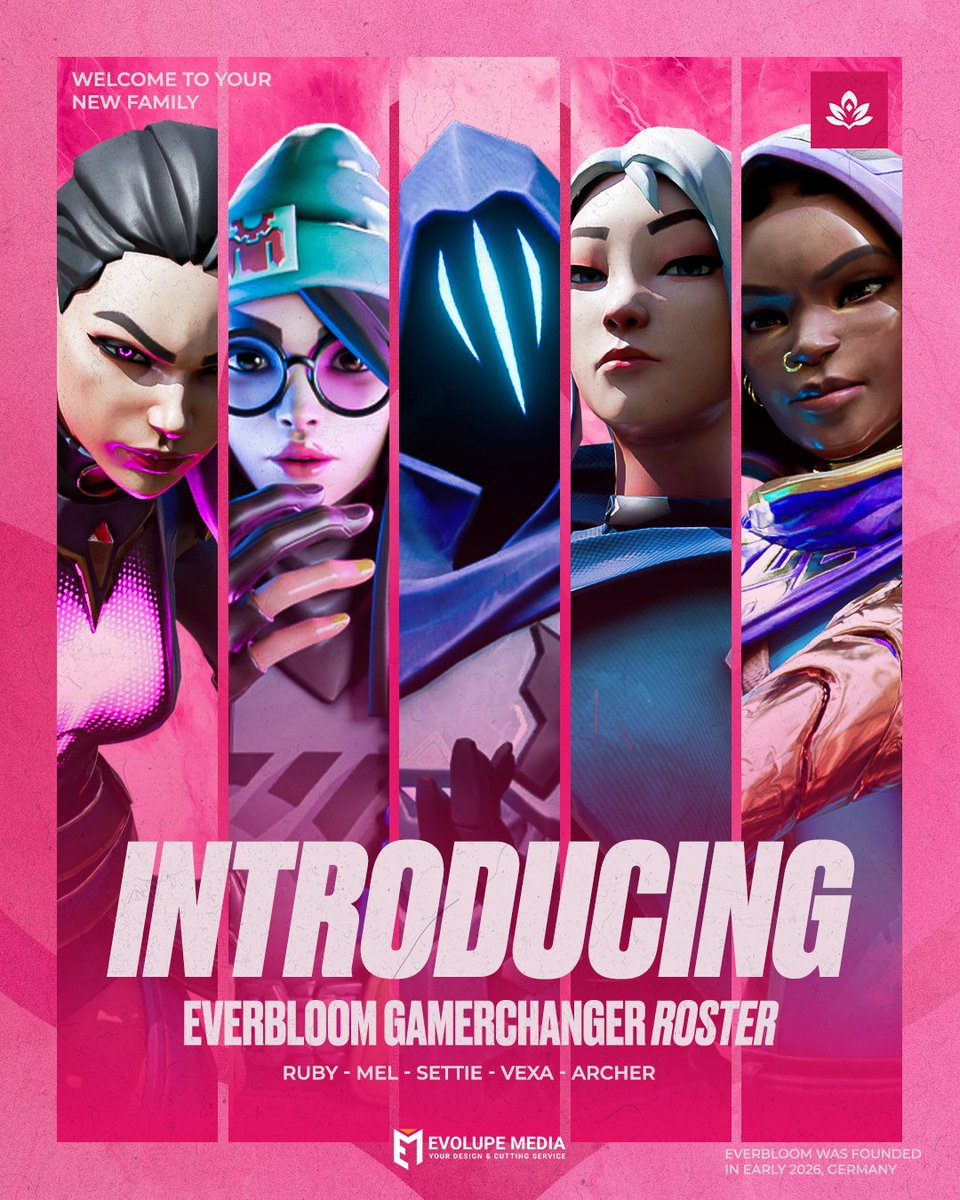 everbloom_gc's tweet photo. THE NEW ERA HAS BLOOMED. 🌸
​5 Players. 1 Goal. Dominance.
Introducing our official Game Changers Roster:
​⚔️ @x2_zelda
⚔️ @tqrmcc
⚔️ @Suns3tt_VLR
⚔️ @archerhh0
⚔️ @vexaizy
The hunt for the trophy begins now. 🌸💀
​#Everbloom #Valorant #GameChangers #Esports #BloomOrDecay https://t.co/OB8LKCT5AE